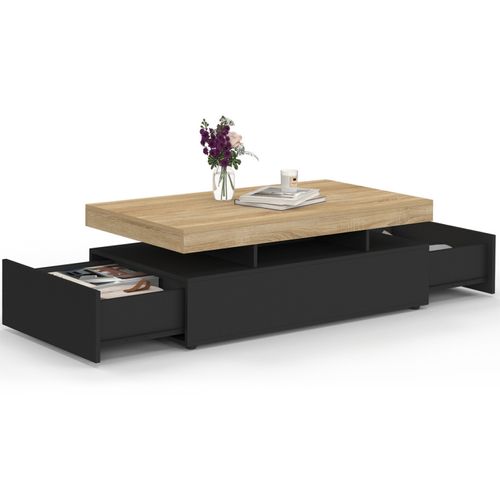 Table Basse Rectangulaire Elsa 100 Cm 2 Tiroirs En Bois Noir Et Plateau Façon Hêtre