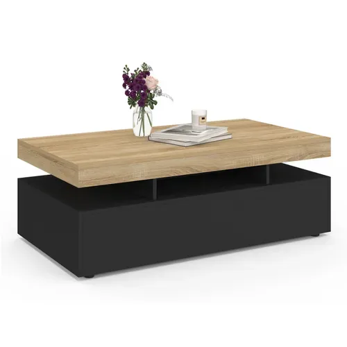 Table Basse Rectangulaire Elsa 100 Cm 2 Tiroirs En Bois Noir Et Plateau Façon Hêtre