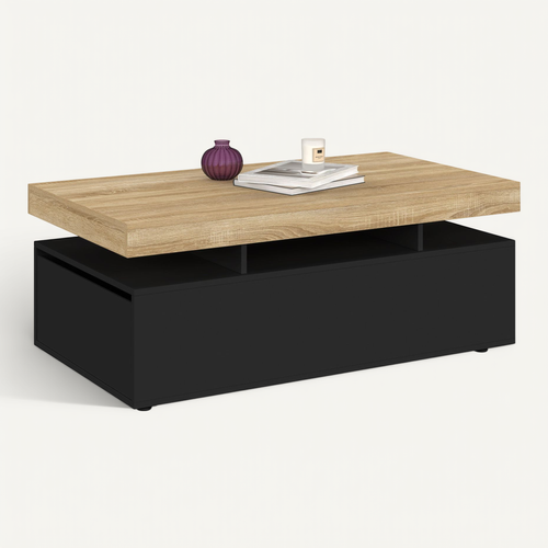 Table Basse Rectangulaire Elsa 100 Cm 2 Tiroirs En Bois Noir Et Plateau Façon Hêtre