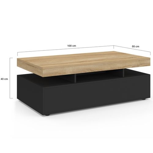 Table Basse Rectangulaire Elsa 100 Cm 2 Tiroirs En Bois Noir Et Plateau Façon Hêtre