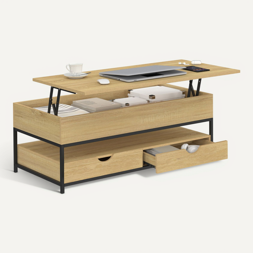 Table Basse Plateau Relevable Rectangulaire Detroit Avec 2 Tiroirs Design Industriel