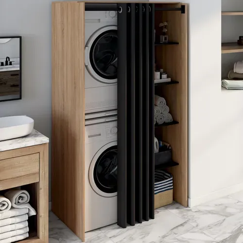 Meuble De Buanderie Double Machine à Laver Avec Rideau Coulissant Noir Wallis Bois Façon Hêtre Et No