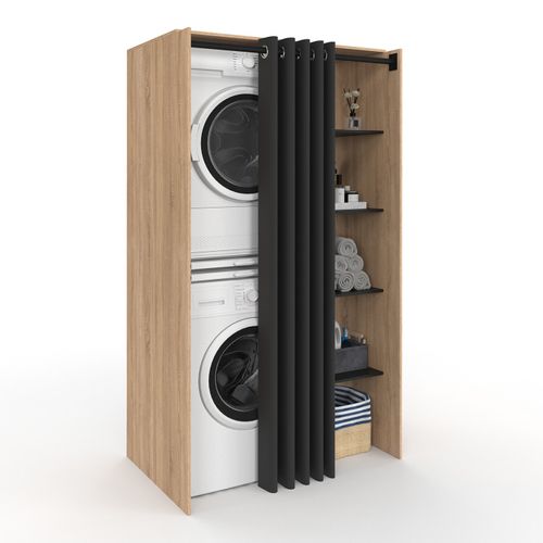 Meuble De Buanderie Double Machine à Laver Avec Rideau Coulissant Noir Wallis Bois Façon Hêtre Et No