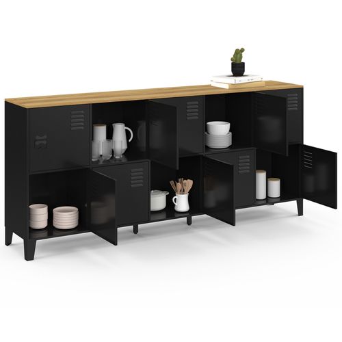 Buffet Casier 180 Cm Ester 10 Portes En Métal Noir Plateau Bois Design Industriel