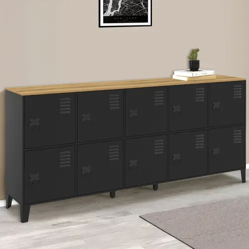 Buffet Casier 180 Cm Ester 10 Portes En Métal Noir Plateau Bois Design Industriel