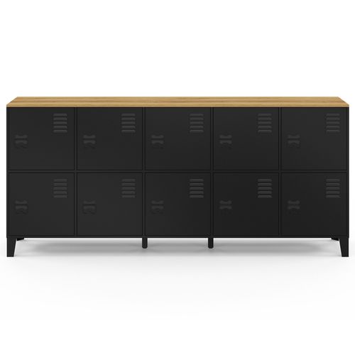 Buffet Casier 180 Cm Ester 10 Portes En Métal Noir Plateau Bois Design Industriel