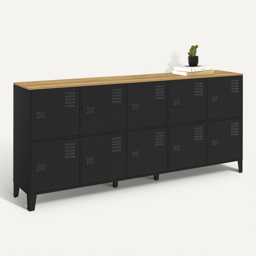 Buffet Casier 180 Cm Ester 10 Portes En Métal Noir Plateau Bois Design Industriel