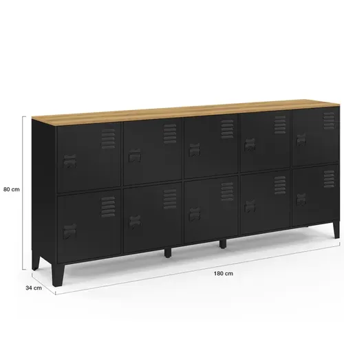 Buffet Casier 180 Cm Ester 10 Portes En Métal Noir Plateau Bois Design Industriel