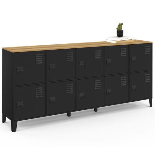 Buffet Casier 180 Cm Ester 10 Portes En Métal Noir Plateau Bois Design Industriel