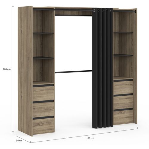 Dressing Extensible Double Meryl 120/180 Cm Hêtre Avec 6 Tiroirs + étagères + Double Penderie + Ride