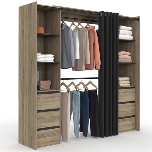 Dressing Extensible Double Meryl 120/180 Cm Hêtre Avec 6 Tiroirs + étagères + Double Penderie + Ride
