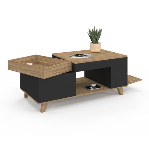 Table Basse Rectangulaire Plateau Relevable Et Plateau Amovible Avec Coffre Lola Bois Et Noir