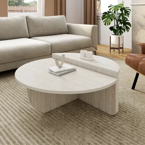 Lot 2 Tables Basses Rondes Guilia Asymétriques Effet Travertin