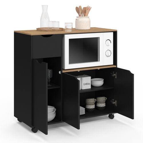 Desserte Micro-onde De Cuisine Cosi XXL Placards Avec Tiroir Bois Noir Et Plateaux Façon Hêtre L.90