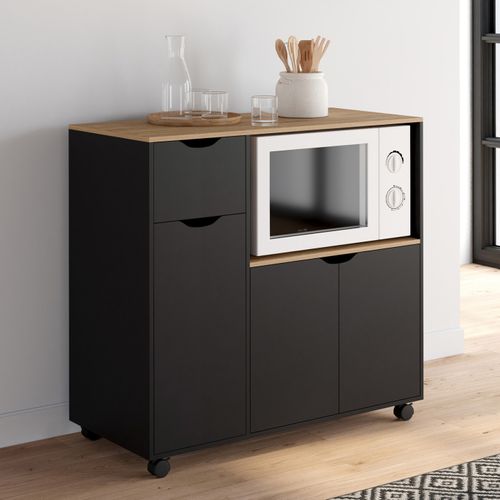 Desserte Micro-onde De Cuisine Cosi XXL Placards Avec Tiroir Bois Noir Et Plateaux Façon Hêtre L.90