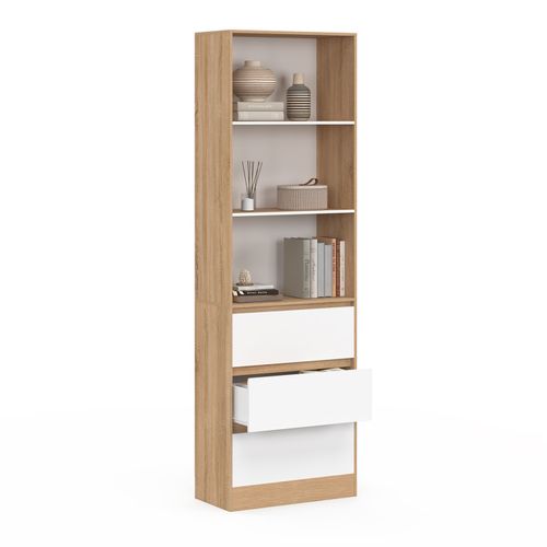 Etagère Bibliothèque Carla 3 Niveaux 3 Tiroirs Blanc Et Effet Bois 190 Cm