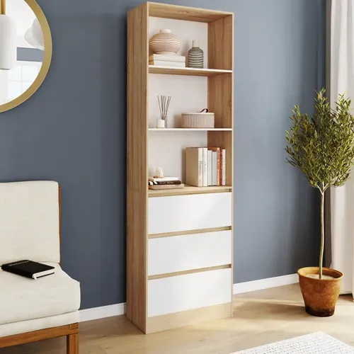 Etagère Bibliothèque Carla 3 Niveaux 3 Tiroirs Blanc Et Effet Bois 190 Cm