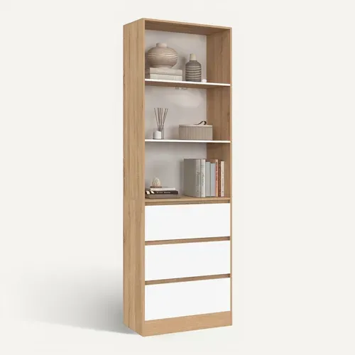 Etagère Bibliothèque Carla 3 Niveaux 3 Tiroirs Blanc Et Effet Bois 190 Cm