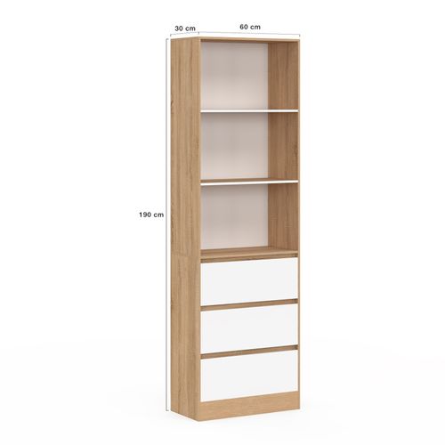 Etagère Bibliothèque Carla 3 Niveaux 3 Tiroirs Blanc Et Effet Bois 190 Cm