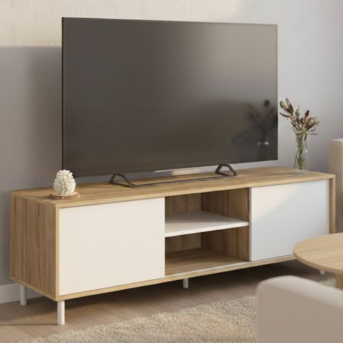 Meuble TV 140 Cm Easy Montage Sans Outils 2 Portes Coulissantes Réversibles Effet Bois Et Blanc