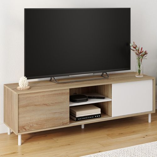 Meuble TV 140 Cm Easy Montage Sans Outils 2 Portes Coulissantes Réversibles Effet Bois Et Blanc