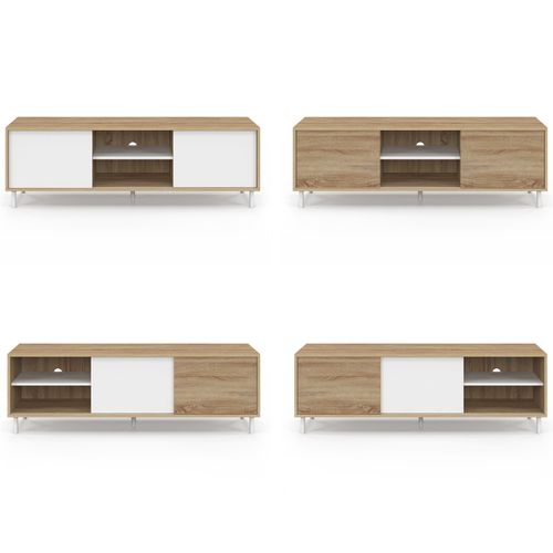 Meuble TV 140 Cm Easy Montage Sans Outils 2 Portes Coulissantes Réversibles Effet Bois Et Blanc