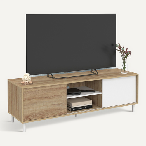 Meuble TV 140 Cm Easy Montage Sans Outils 2 Portes Coulissantes Réversibles Effet Bois Et Blanc