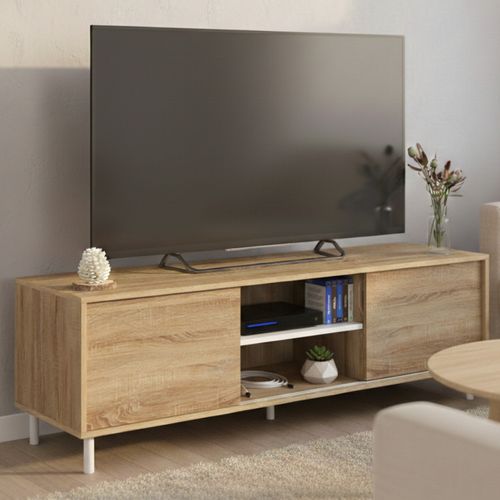 Meuble TV 140 Cm Easy Montage Sans Outils 2 Portes Coulissantes Réversibles Effet Bois Et Blanc