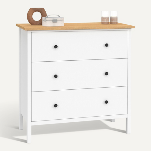 Commode 3 Tiroirs Achille 80 Cm Bois Blanc Plateau Bois