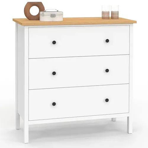 Commode 3 Tiroirs Achille 80 Cm Bois Blanc Plateau Bois