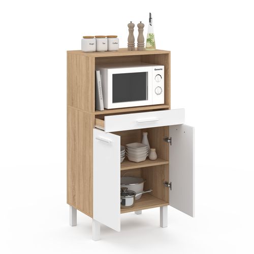 Buffet Mi-haut De Cuisine  Pour Micro-onde 60 Cm Cina 1 Tiroir 2 Portes Façon Hêtre Et Blanc