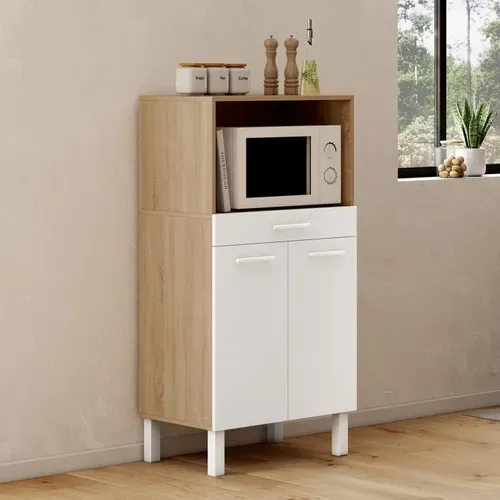 Buffet Mi-haut De Cuisine  Pour Micro-onde 60 Cm Cina 1 Tiroir 2 Portes Façon Hêtre Et Blanc