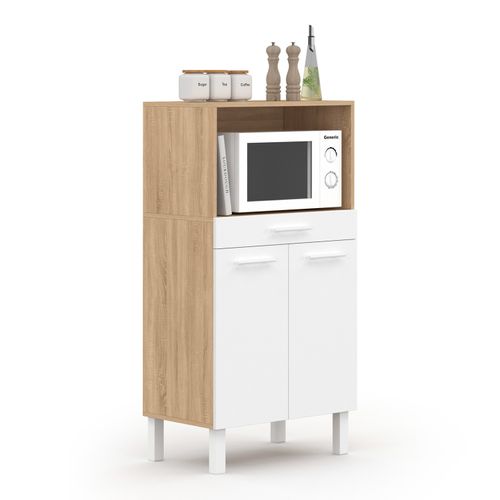 Buffet Mi-haut De Cuisine  Pour Micro-onde 60 Cm Cina 1 Tiroir 2 Portes Façon Hêtre Et Blanc
