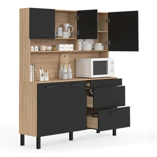 Buffet Casserolier De Cuisine 140 Cm Cina 5 Portes + 3 Tiroirs Façon Hêtre Et Noir