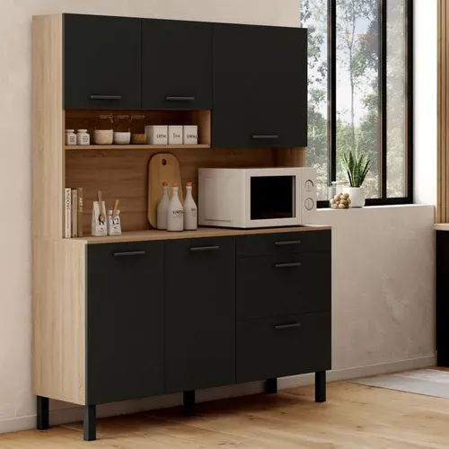 Buffet Casserolier De Cuisine 140 Cm Cina 5 Portes + 3 Tiroirs Façon Hêtre Et Noir
