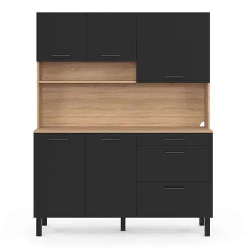 Buffet Casserolier De Cuisine 140 Cm Cina 5 Portes + 3 Tiroirs Façon Hêtre Et Noir
