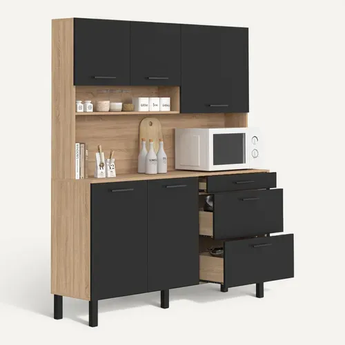 Buffet Casserolier De Cuisine 140 Cm Cina 5 Portes + 3 Tiroirs Façon Hêtre Et Noir