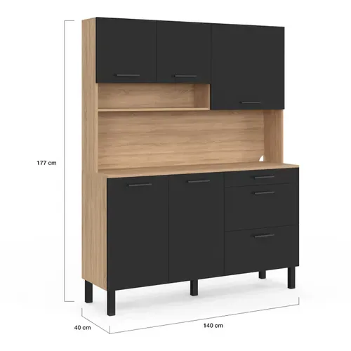Buffet Casserolier De Cuisine 140 Cm Cina 5 Portes + 3 Tiroirs Façon Hêtre Et Noir