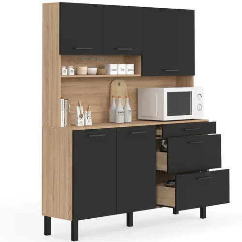 Buffet Casserolier De Cuisine 140 Cm Cina 5 Portes + 3 Tiroirs Façon Hêtre Et Noir