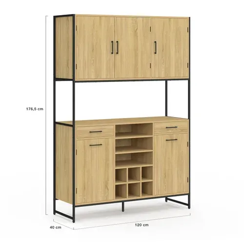 Buffet De Cuisine 120 Cm Detroit 5 Portes + Tiroirs + Range-bouteilles Design Industriel