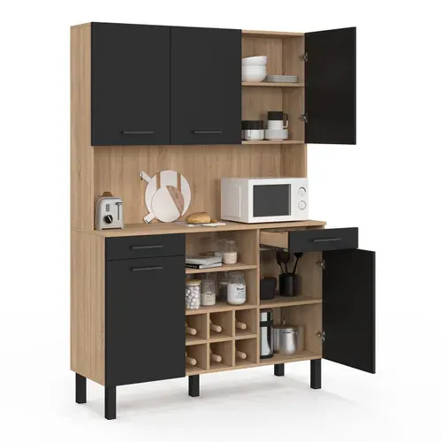 Buffet De Cuisine 120 Cm Cina 5 Portes + Tiroirs + Range-bouteilles Façon Hêtre Et Noir