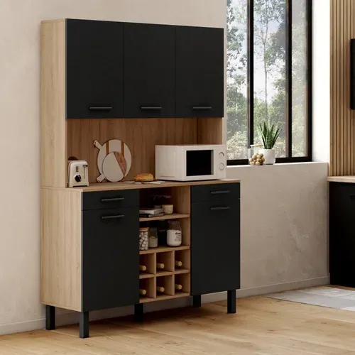 Buffet De Cuisine 120 Cm Cina 5 Portes + Tiroirs + Range-bouteilles Façon Hêtre Et Noir