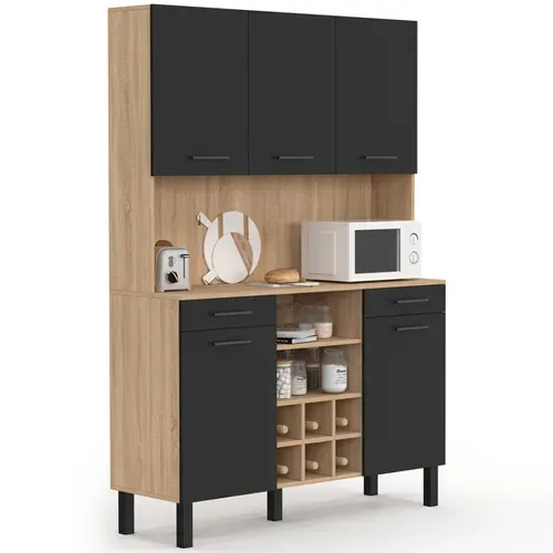 Buffet De Cuisine 120 Cm Cina 5 Portes + Tiroirs + Range-bouteilles Façon Hêtre Et Noir