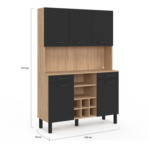 Buffet De Cuisine 120 Cm Cina 5 Portes + Tiroirs + Range-bouteilles Façon Hêtre Et Noir