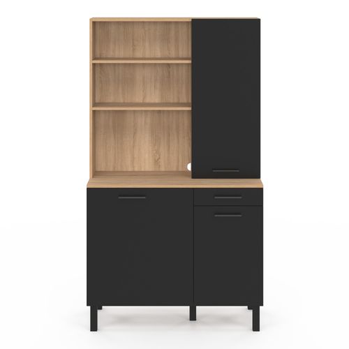 Buffet De Cuisine Avec Colonne De Rangement 100 Cm Cina 3 Portes + Tiroir Façon Hêtre Et Noir