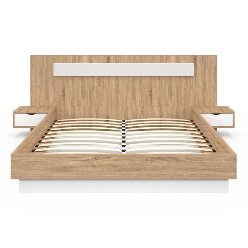 Lit Double Santa Avec Tête De Lit + Tables De Chevet Intégrées Et Sommier 160 X 200 Cm Bois Et Blanc