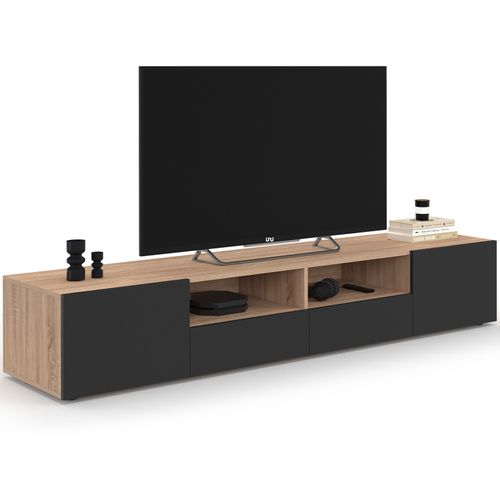 Meuble TV 180 Cm Eli Bois Façon Hêtre Portes Noires