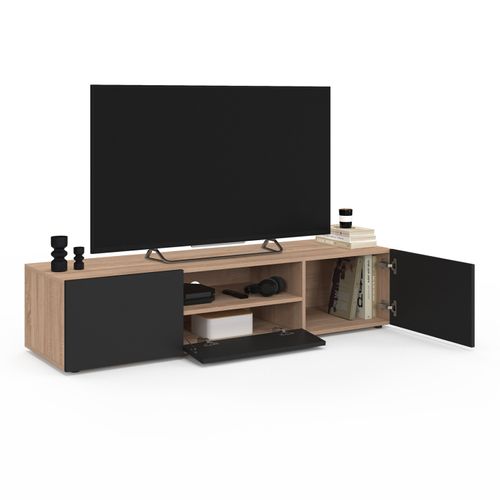 Meuble TV 140 Cm Eli Bois Façon Hêtre Portes Noires