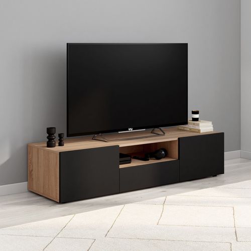 Meuble TV 140 Cm Eli Bois Façon Hêtre Portes Noires