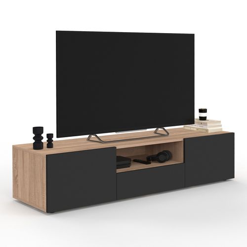 Meuble TV 140 Cm Eli Bois Façon Hêtre Portes Noires